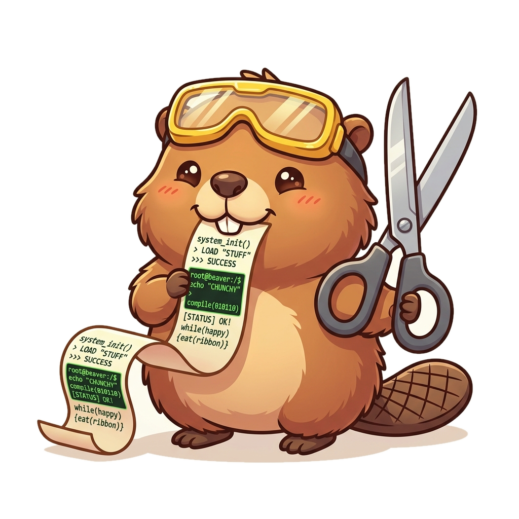 Nibbles the Beaver - asciicut mascot holding giant scissors and wearing safety goggles