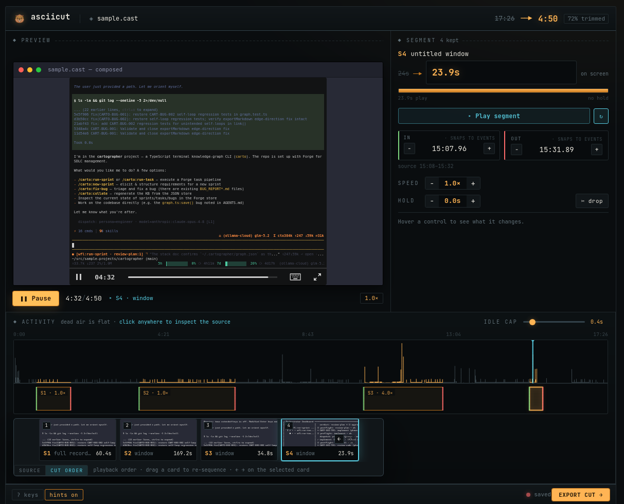 Asciicut visual editor UI showing timeline and filmstrip