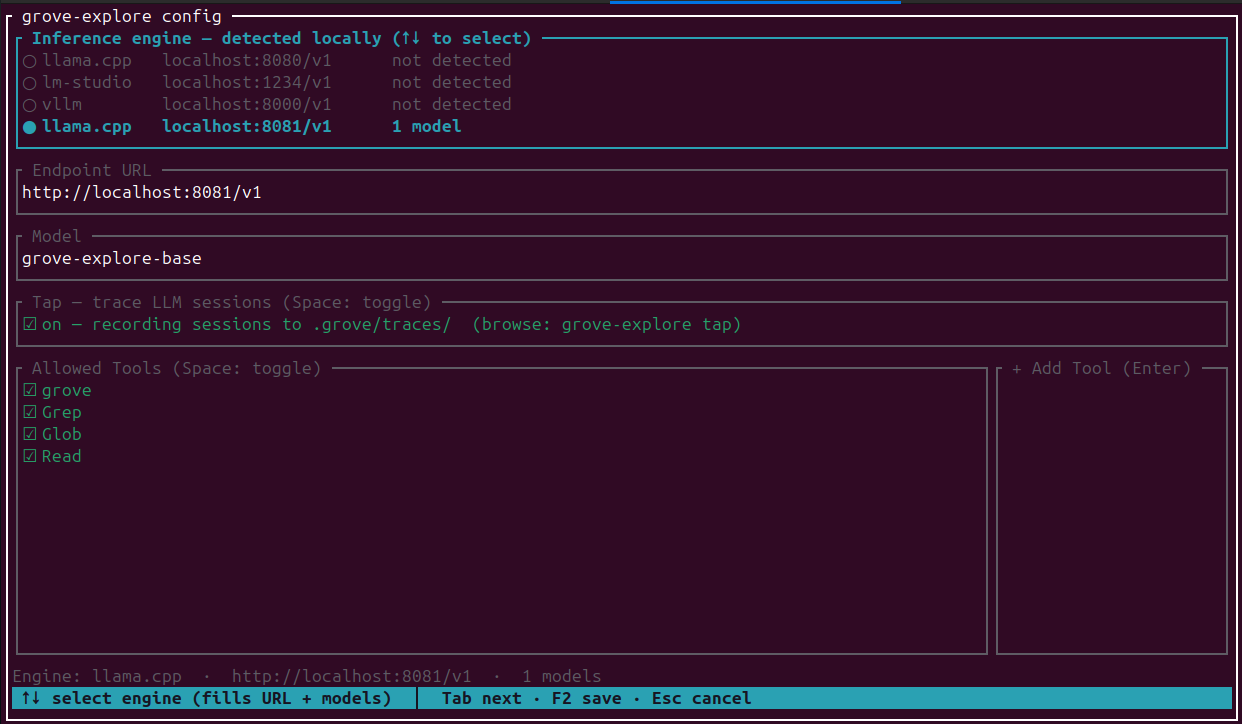 The grove-explore config screen: a list of inference engines with llama.cpp on port 8081 selected and marked '1 model', fields for endpoint URL and model name, a tracing toggle switched on, and a checklist of allowed tools — grove, Grep, Glob, Read.