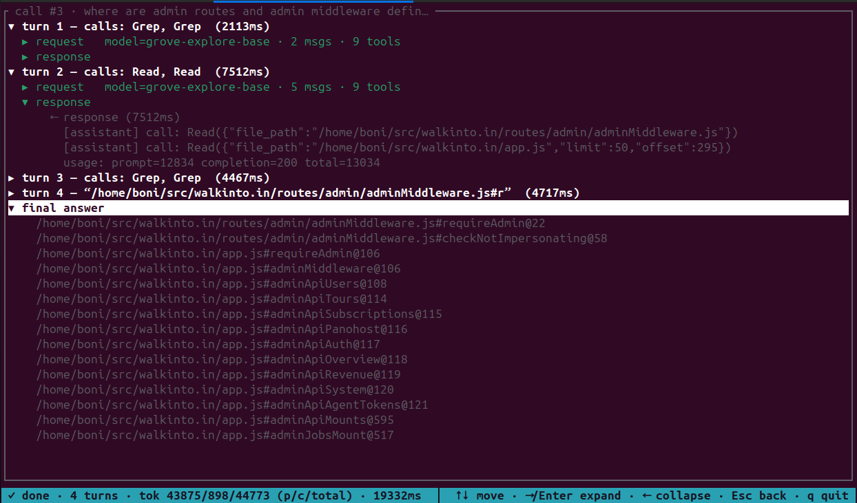 One call expanded: four turns listing the tools called in each — Grep, Grep, then Read, Read — with request and response detail, followed by the final answer as a list of file-path-symbol-line citations.